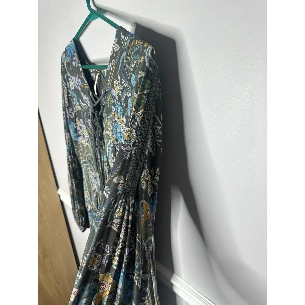 Free People Mini Dress Boho Baby Doll Lined Moss green S/P  Peasant Flowy 80s